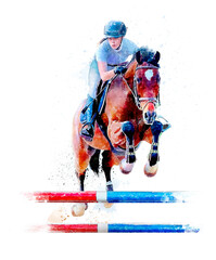 Young girl jumping obstacle with red horse. Horse Jumping, Equestrian Events, Show Jumping...