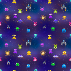 Cute space invaders in pixel art style on deep space background, seamless pattern - obrazy, fototapety, plakaty