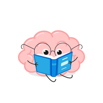 Cute cartoon brain in glasses reading book