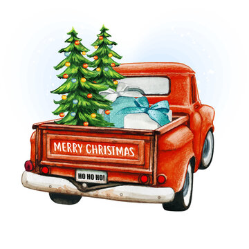 Watercolor red christmas vintage truck with trees and gifts