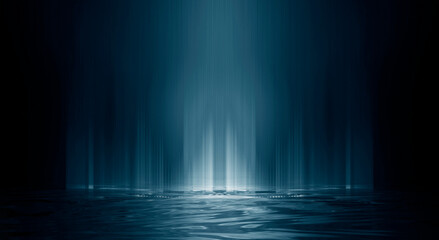 Empty futuristic dramatic scene. Abstract dark landscape, street. Neon light fluid element. Night view, neon blue light. Fantasy background. 3D illustration