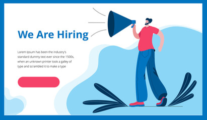 A man in a modern style shouts into a megaphone. Template for a horizontal banner in a flat style about working in a company. 