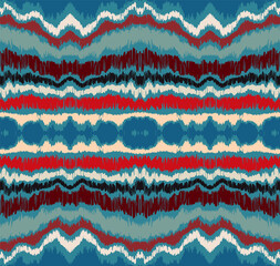 Ikat border. Geometric folk ornament. Ink on clothes. Tribal vector texture. Seamless striped pattern in Aztec style. Ethnic embroidery. Indian, Scandinavian, Gypsy, Mexican, African rug.