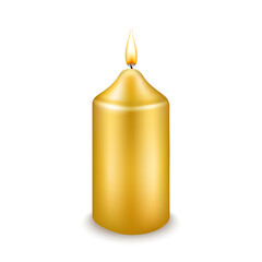 Single golden candle isolated on white background
