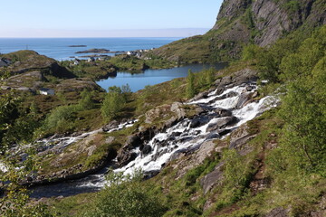 Fototapeta premium Norway - June 16 2019: Hiking in the area of Sorvagen, Lofoten Islands