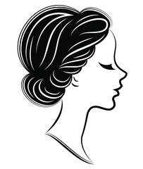 Silhouette of a profile of a head of the sweet lady. The girl shows a female Greek hairstyle on medium and long hair. Suitable for logo, advertising. Vector illustration.