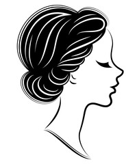 Silhouette of a profile of a head of the sweet lady. The girl shows a female Greek hairstyle on medium and long hair. Suitable for logo, advertising. Vector illustration.