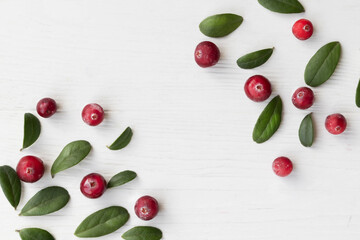 Naklejka na ściany i meble Cranberries with twigs and leaves on a white background with space for text. Natural medicine.