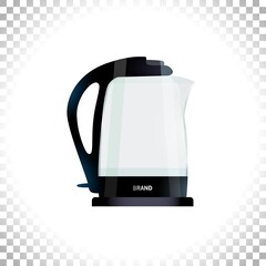 Glass teapot icon. Household appliance. Kitchen electrical device. Transparent tea kettle for boiling water on transparent background. Front view. Vector illustration.