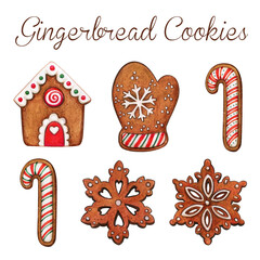 Fototapeta na wymiar High quality watercolor gingerbread cookies collection