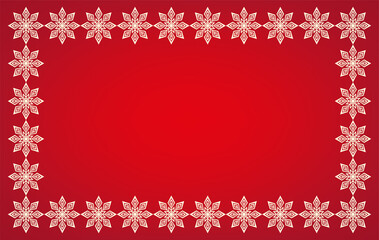 Frame from white snowflakes isolated on a red background. Template for postcard, banner, poster. Vector flat graphic illustration. Texture.