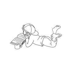 Junge Kind Kleinkind liegt auf Bauch Kopf auf Hände gestützt trägt Schirmmütze Beine barfuß angewinkelt Fußsohle liest Buch Tasse Kakao lesen Ausmalbild Kinderbuch Freude Freizeit Bildung niedlich 