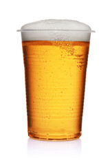 Yellow beer in a plastic disposable cup.