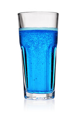 Glass of blue soda soft drink isolated on white background.