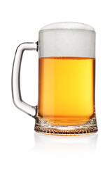 Mug of light yellow beer isolated on white