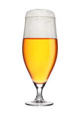 Cup of light yellow beer isolated on white.