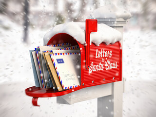 Santa Claus mailbox full of children letters. Christmas and new year winter concept background.
