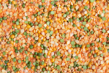Dry peas of different colors close-up. Layout for grocery departments, poster, advertisement, article.
