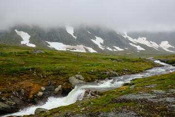 Fast-flowing mountain stream and snow on a Norwegian highland during the summer