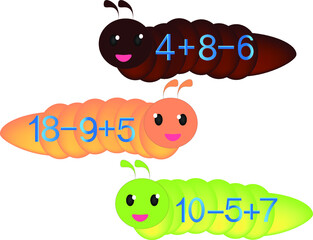 Illustration of mathematical addition and subtraction. Examples with caterpillars.