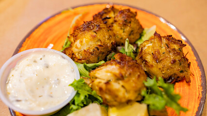 Close up shot of deep fried crab cake