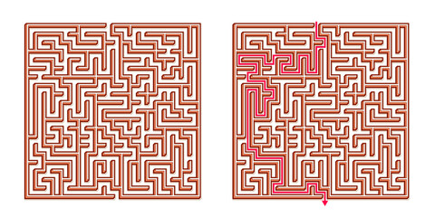 Vector 3D / Isometric Easy Square Maze - Labyrinth with Included Solution. Funny & Educational Mind Game for Coordination, Problems Solving, Decision Making Skills Test.