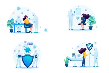 Virus vaccine. Set of web design of illustrations during the epidemic. 2D characters