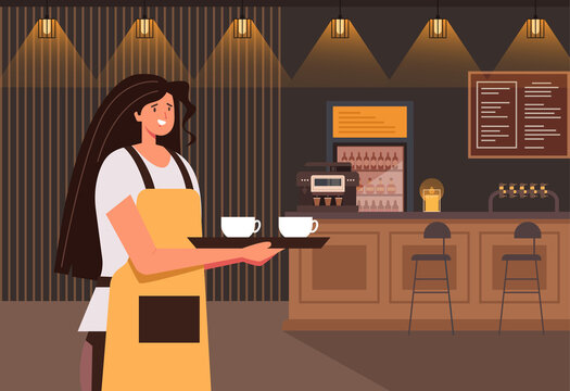 Cafe waiter woman character holding cup of coffee. Small business concept. Vector flat graphic design illustration