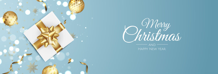 Merry Christmas and Happy New Year. Xmas background with present, snowflakes, star and balls design.