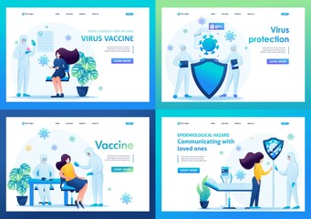 Virus vaccine. Set of landing pages of illustrations during the epidemic. 2D characters