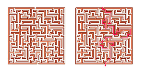 Vector 3D / Isometric Easy Square Maze - Labyrinth with Included Solution. Funny & Educational Mind Game for Coordination, Problems Solving, Decision Making Skills Test.