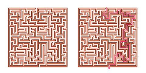 Vector 3D / Isometric Easy Square Maze - Labyrinth with Included Solution. Funny & Educational Mind Game for Coordination, Problems Solving, Decision Making Skills Test.