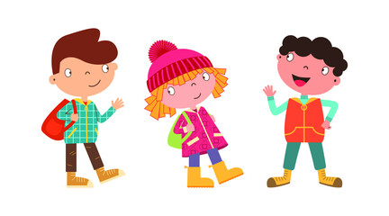 Cute cartoon boy and girl characters. Happy kids in autumn clothes standing, walking and waving. School children in fall. Flat line art style. Happy childhood concept. Vector illustration.