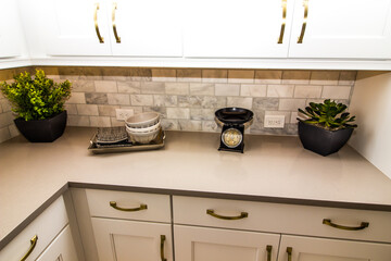Modern Kitchen Counter Top With Decorator Items Including Antique Food Scale