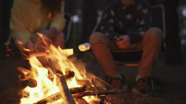 Tourists camping fry sausages, marshmallows over high heat flame at late beautiful sunset at sea summer. close-up. Mother and son on summer vacation by sea and cooking. Family. Lifestyle. Travel