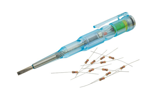 The screwdriver for voltage indication and resistors are isolated on a white background
