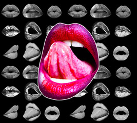 Collage sexy woman open mouth with tongue. Passion lip lick and sensual suck. Set of lips...