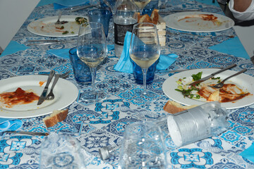 Table After Lunch With Empty Dirty Plates On