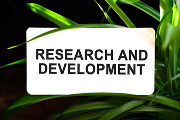 Research and development text on white surrounded by green leaves