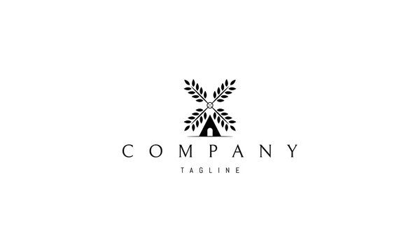 Vector logo on which an abstract image of a mill with blades in the form of wheat.