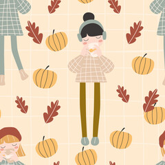 Seamless autumn pattern with a pumpkin and a girl with a drink. Vector illustration, in a modern cartoon style, for printing on packaging paper, postcard, poster, banner, clothing.