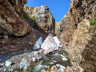 Summer view of mountain river with eternal ice.
