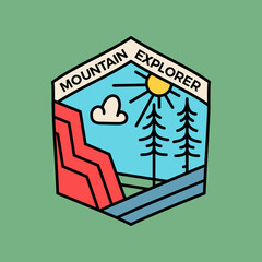 Vintage mountain explorer logo, adventure line art emblem design with mountains, trees and river. Unusual linear retro modern style sticker. Stock vector art