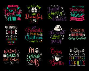 Christmas calligraphy quotes set. Silhouette typography designs for xmas decoration, cards, t shirts, mug, other prints with words and holiday elements. Stock vector lettering bundle colorful