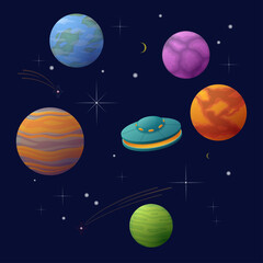 Planets, stars and spaceship in space. Vector illustration of the universe in cartoon style.