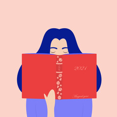 Girl with long blue hair is reading book. Winter illustration for new year in flat style. Concept for 2021 year as magical and happy year. Vector illustration for greeting card, social media content