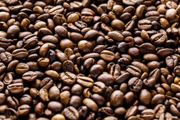 Fresh roasted coffee bean background. Background of roasted coffee beans, top view