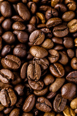 Fresh roasted coffee bean background. Background of roasted coffee beans, top view