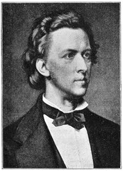Portrait of Frederic Chopin (young years) - a Polish composer and virtuoso pianist of the Romantic era who wrote primarily for solo piano. Illustration of the 19th century. White background. - obrazy, fototapety, plakaty