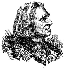Portrait of Franz Liszt (mature years) - a Hungarian composer, virtuoso pianist, conductor, music teacher, arranger. Illustration of the 19th century. White background. - obrazy, fototapety, plakaty